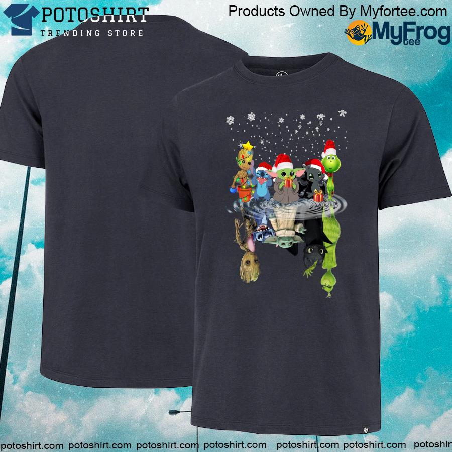 Baby Groot Stitch Yoda Toothless and Grinch water reflection Christmas shirt