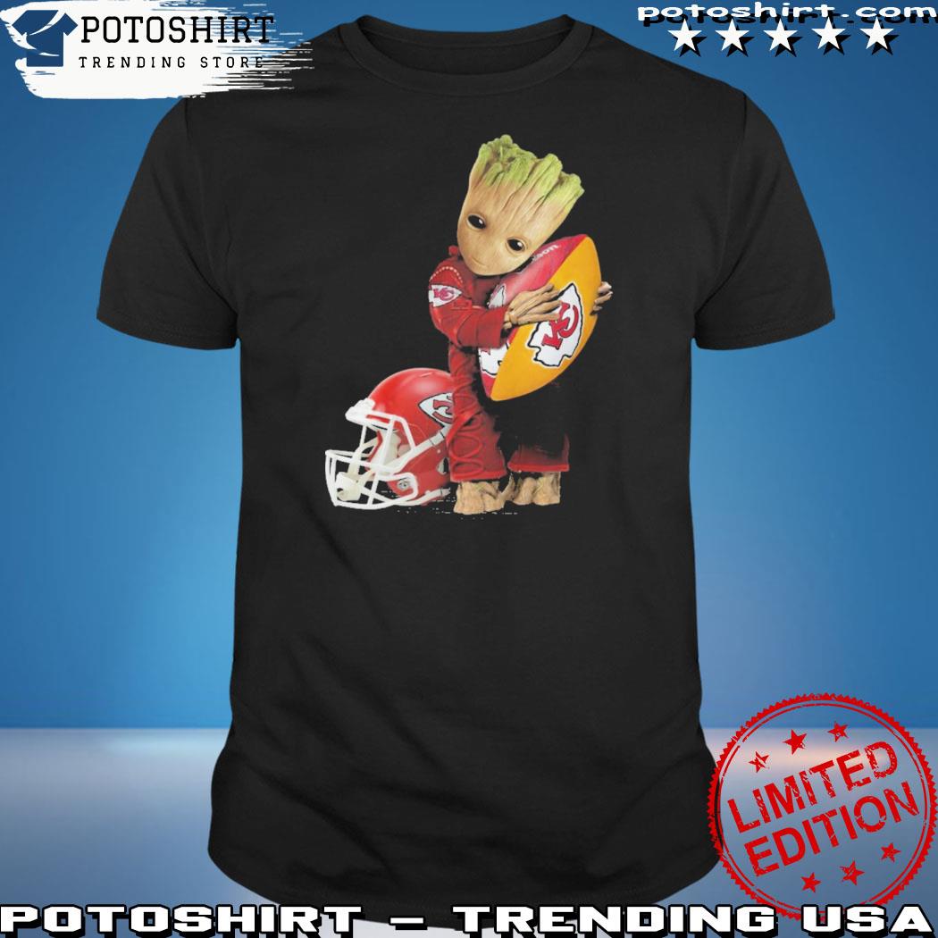 Official baby groot hug rugby Kansas city Chiefs logo helmet shirt