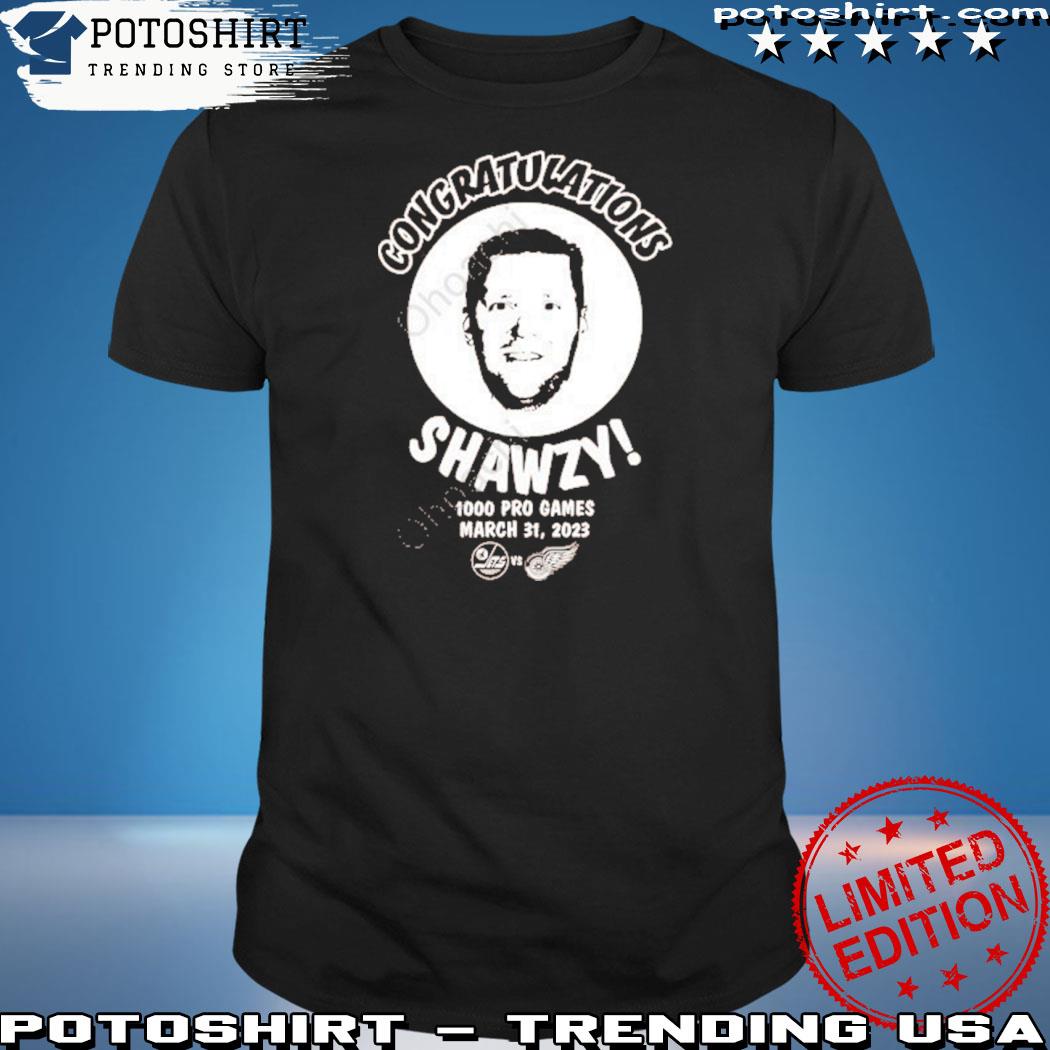Official winnipeg jets vs detroit red wings congratulations shawzy 1000 pro games march 31 2023 shirt