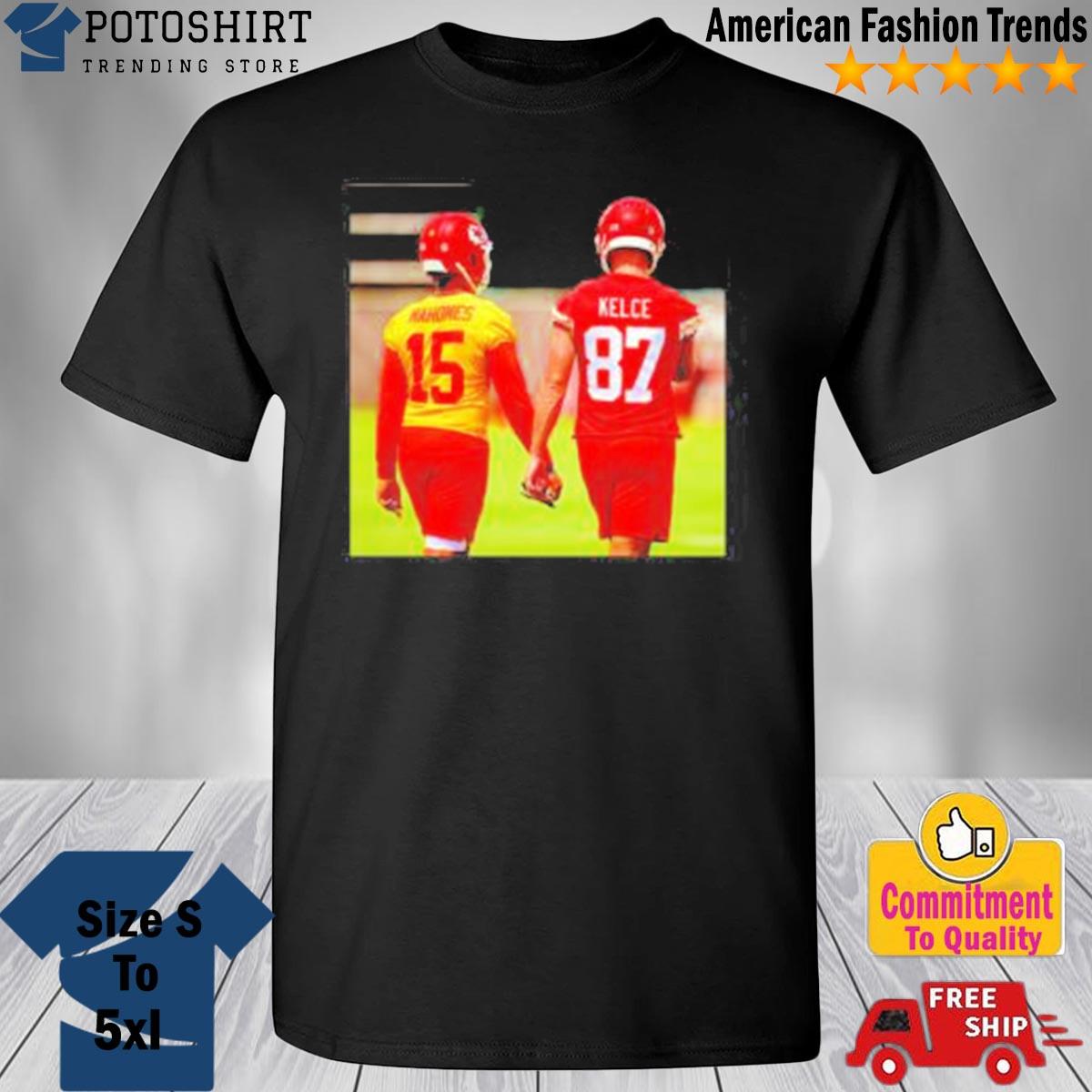 Patrick mahomes and travis kelce holding hand funny picture shirt, hoodie,  sweater, long sleeve and tank top