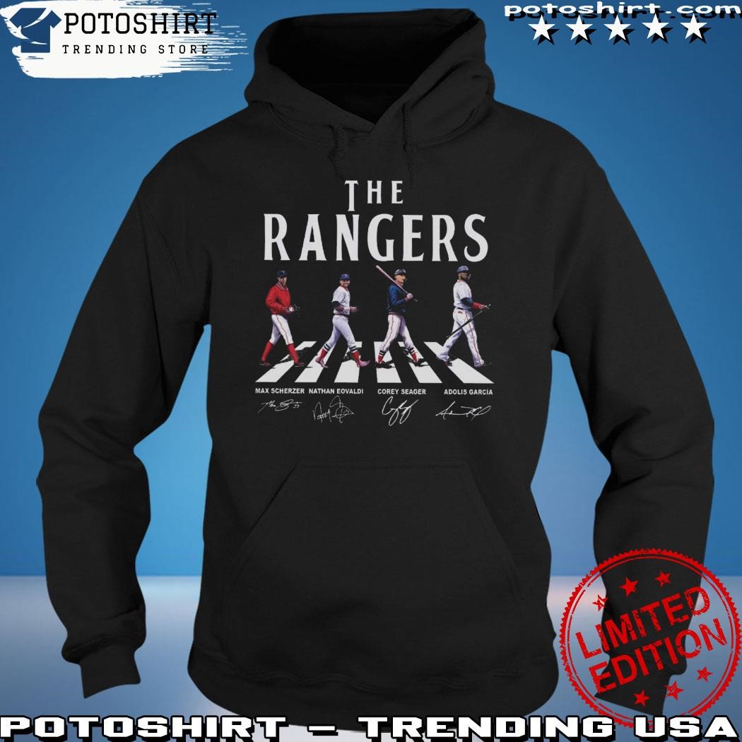 Texas Rangers Shirt Rangers Walking Abbey Road Signatures Shirt Max  Scherzer Corey Seager Adolis García Nathan Eovaldi - Trendingnowe